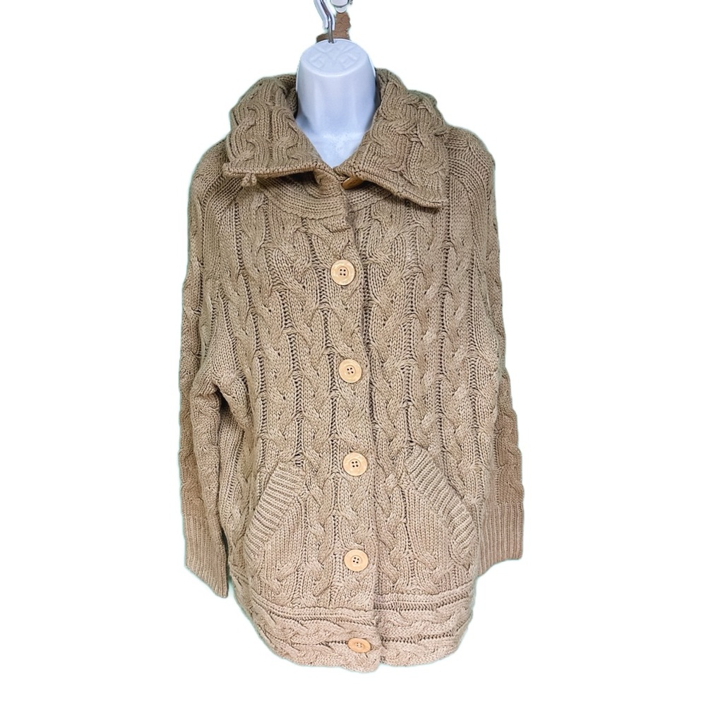 Maglia Tan Chunky Knit Button Up Cowl Neck Sweater Womens Size M